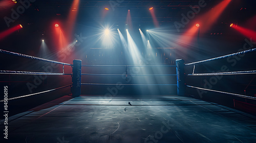 Empty professional boxing ring in the dark, illuminated spotlight. Sport background. © Prasanth
