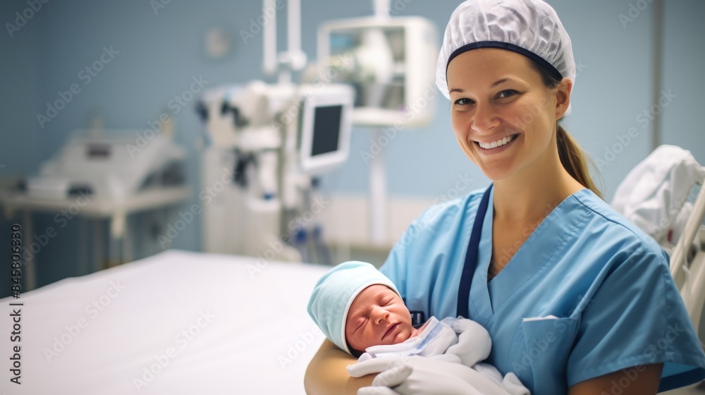 Nurse holds a newborn baby in hospital Nurse holds a newborn baby in hospital