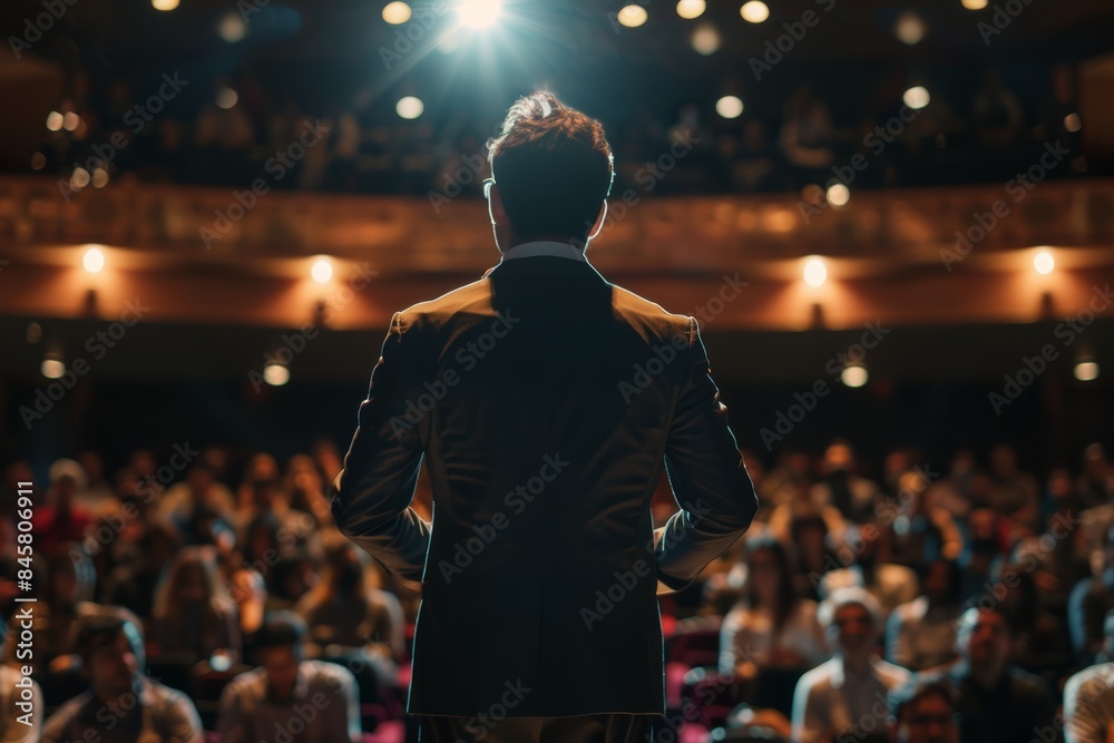 Motivating speaker captivates crowd at conference. Motivating speaker captivates crowd at conference.