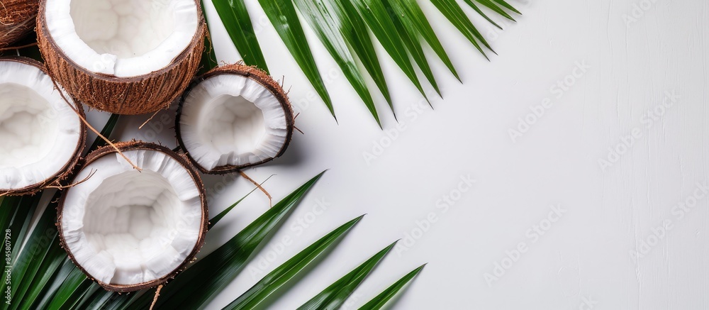 High-resolution image of fresh raw coconut with palm leaves on a white background. High-resolution image of fresh raw coconut with palm leaves on a white background.