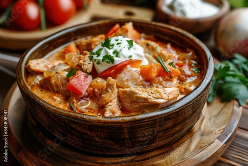 Classic Hungarian paprikash with turkey veggies and spices in a bowl on rustic wooden background Focus on dish