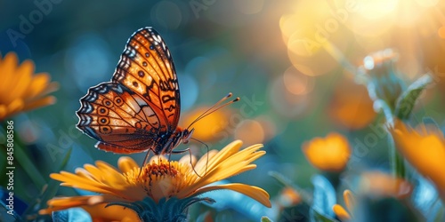 A beautiful butterfly perches gracefully on a vibrant yellow flower petal © Mix and Match Studio