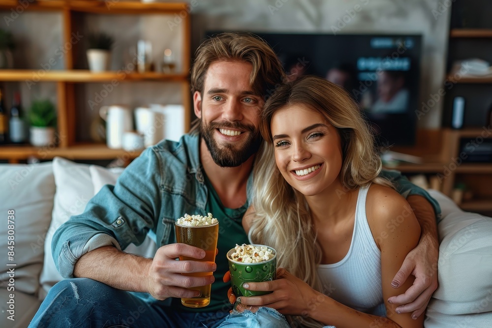 Smiling couple with beer and popcorn sitting on a couch possibly watching TV, cozy home setting Smiling couple with beer and popcorn sitting on a couch possibly watching TV, cozy home setting