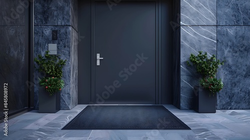 A modern rubber mat with a textured surface placed in front of a contemporary apartment door