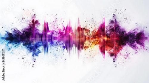 A digital representation of a sound wave explosion, with vibrant neon colors emanating outward, set against a white backdrop. 