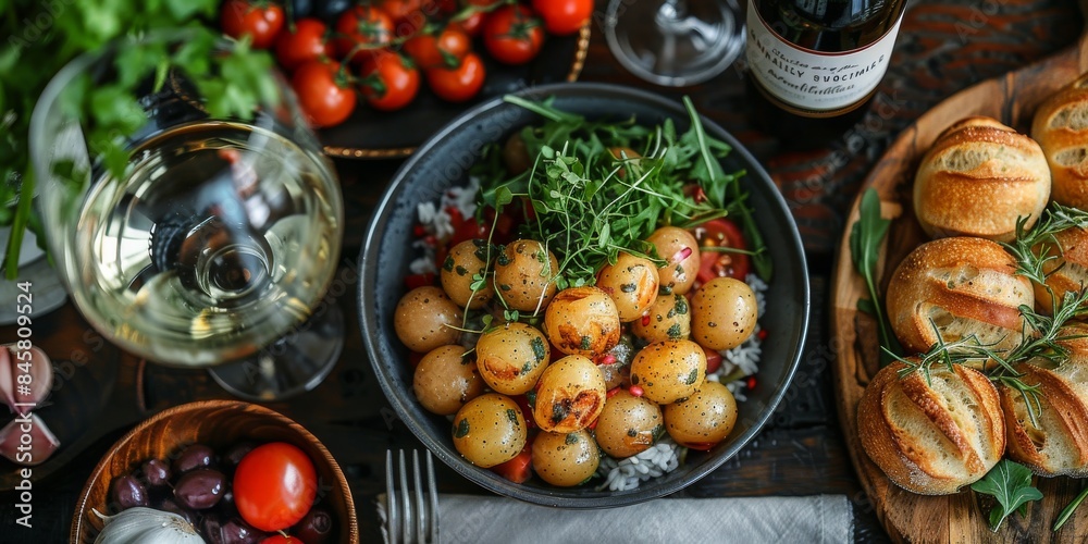 A wooden table is adorned with bowls of food and a glass of wine A wooden table is adorned with bowls of food and a glass of wine