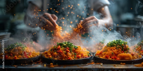 A chef is busy cooking in a kitchen filled with smoke