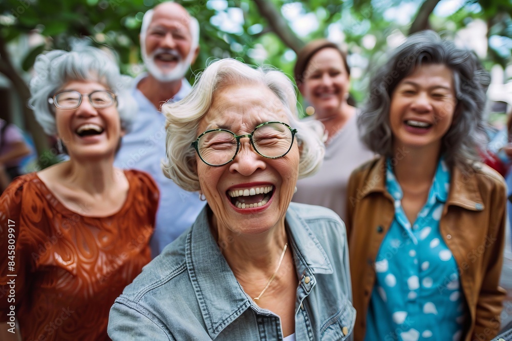 Group of senior friends laughing together in the park. Senior people having fun outdoors. Group of senior friends laughing together in the park. Senior people having fun outdoors.