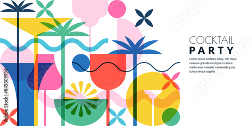 Beach cocktails party horizontal banner, poster template. Vector illustration. Abstract geometric color block flat design. Alcohol cocktail menu, tropical bar elements on white background