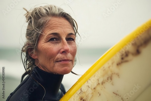 confident 50yearold female surfer at the beach analog photography look photo