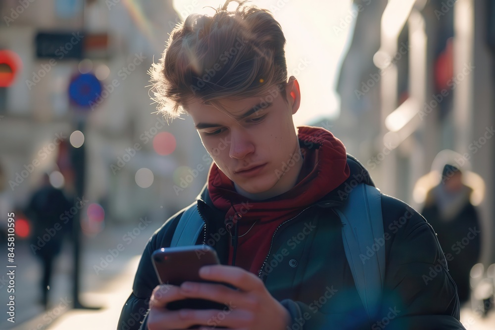 Fototapeta premium connected generation young caucasian man engrossed in smartphone on urban street candid closeup
