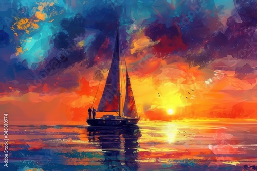 couple enjoying romantic sailboat adventure at sunset digital painting