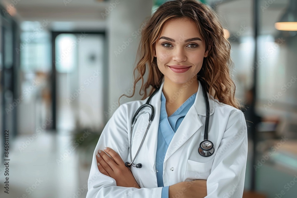 A professional female doctor smiling confidently, stethoscope around neck, wearing a lab coat A professional female doctor smiling confidently, stethoscope around neck, wearing a lab coat