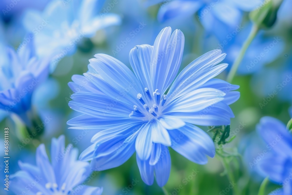 Close up of common chicory flower in blue green field background cultivated for herbal coffee drink Close up of common chicory flower in blue green field background cultivated for herbal coffee drink
