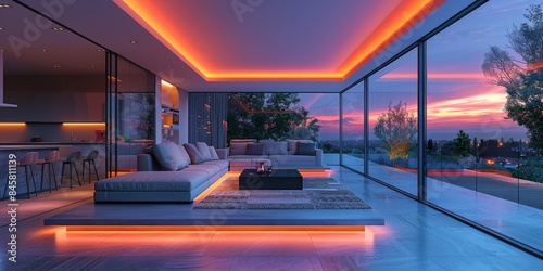 Living room with windows and a sunset in the background © Mix and Match Studio