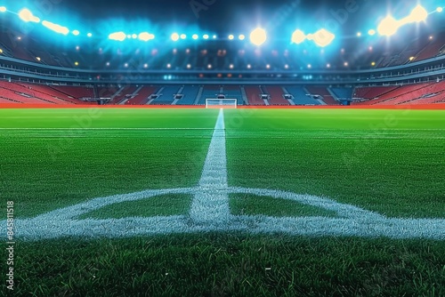 The brightly lit center circle of a soccer pitch in an empty stadium, showcasing the green grass