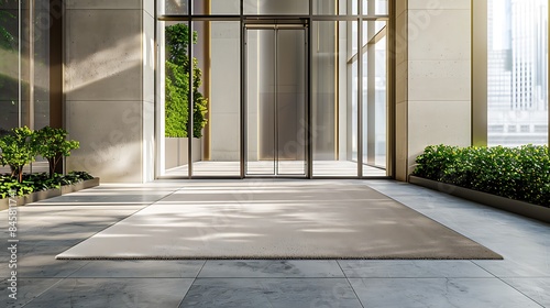 A neutral-toned mat placed at the entrance of a modern office building, complementing the architectural design