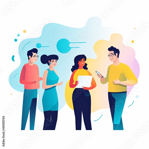 flat vector style illustration, a diverse group of people talking and collaborating, on white background 