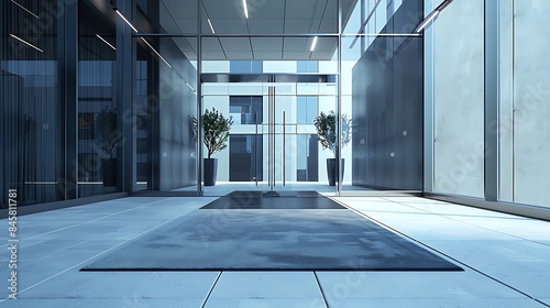 A neutral-toned mat placed at the entrance of a modern office building, complementing the architectural design