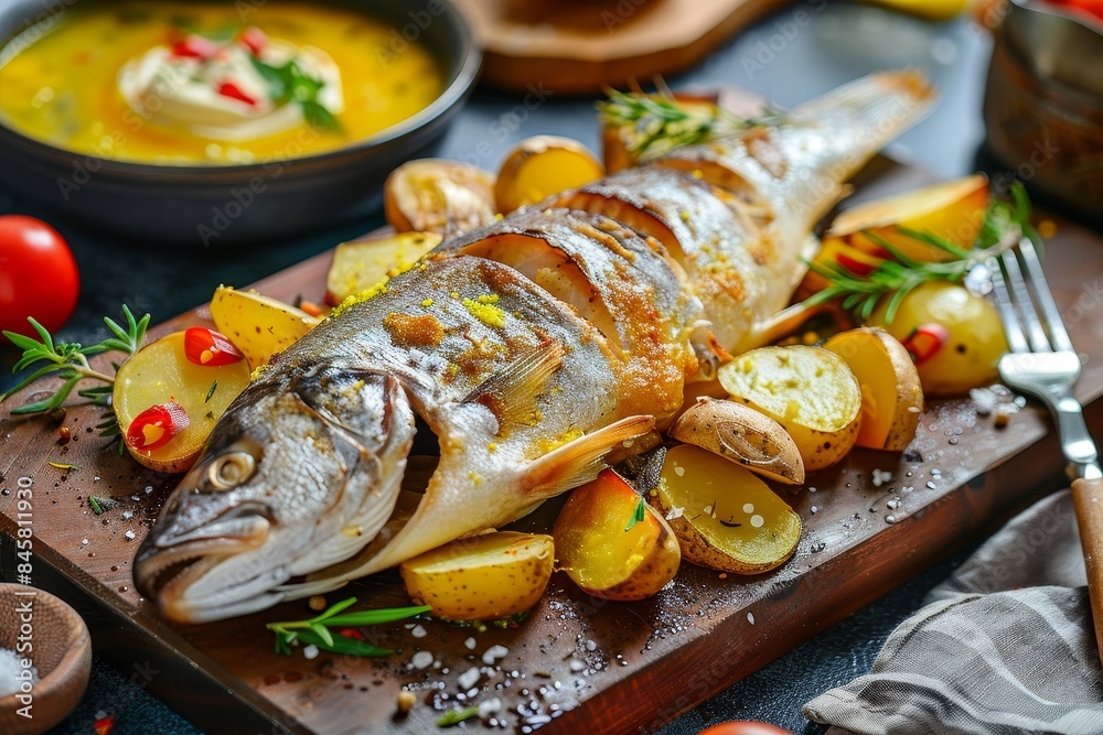Close up of delicious cooked fish with sides and dessert