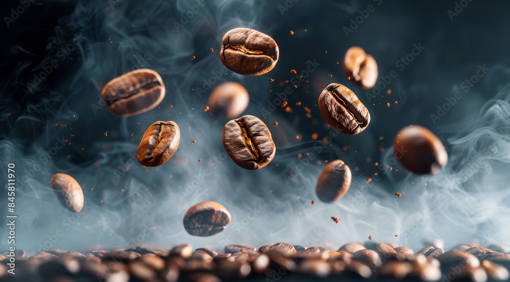 Coffee Beans in Flight Against Dark Backdrop Coffee Beans in Flight Against Dark Backdrop