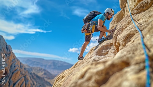Rock climber ascending on a sunny day photo
