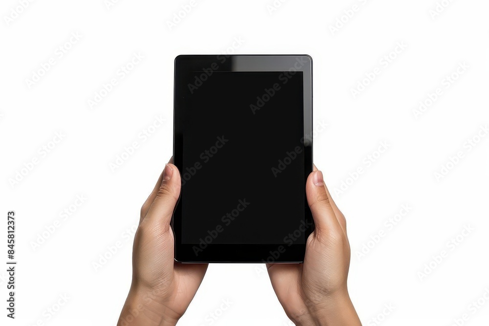 cropped hands holding black tablet device isolated on white background cut out cropped hands holding black tablet device isolated on white background cut out
