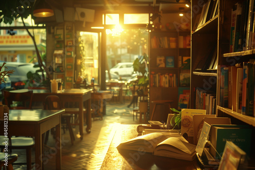 A serene book and coffe shop with golden hour sun. photo