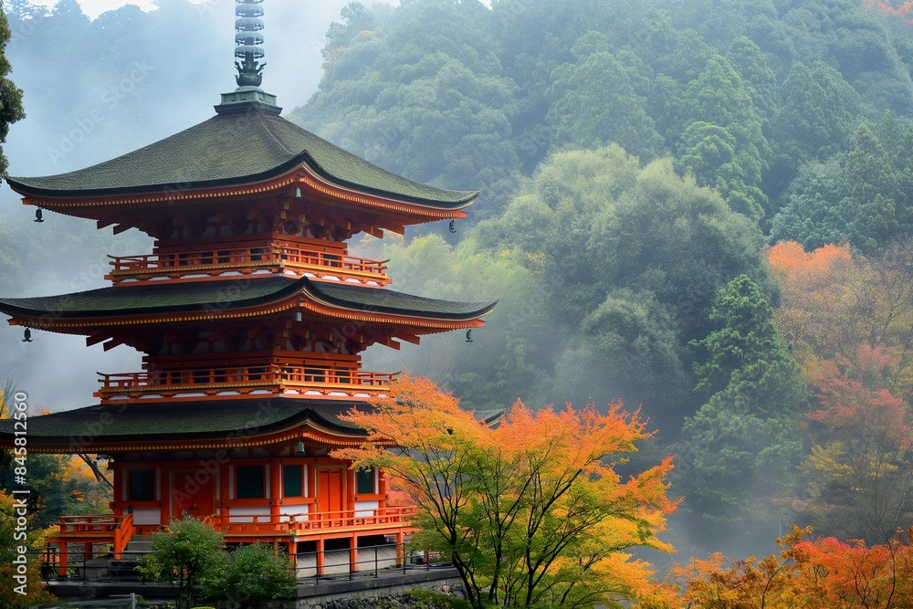 A traditional Japanese pagoda stands amidst a backdrop of vibrant fall foliage and misty hills. A traditional Japanese pagoda stands amidst a backdrop of vibrant fall foliage and misty hills.