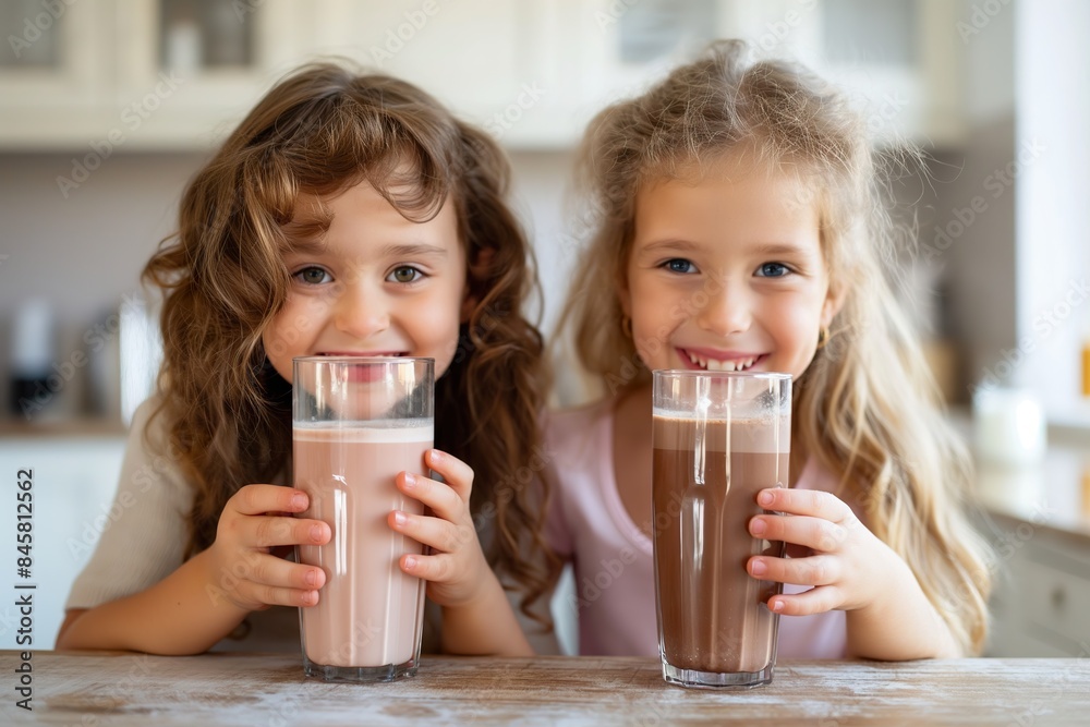 Two young girls happily hold glasses of chocolate milk, enjoying a sweet moment together. Two young girls happily hold glasses of chocolate milk, enjoying a sweet moment together.