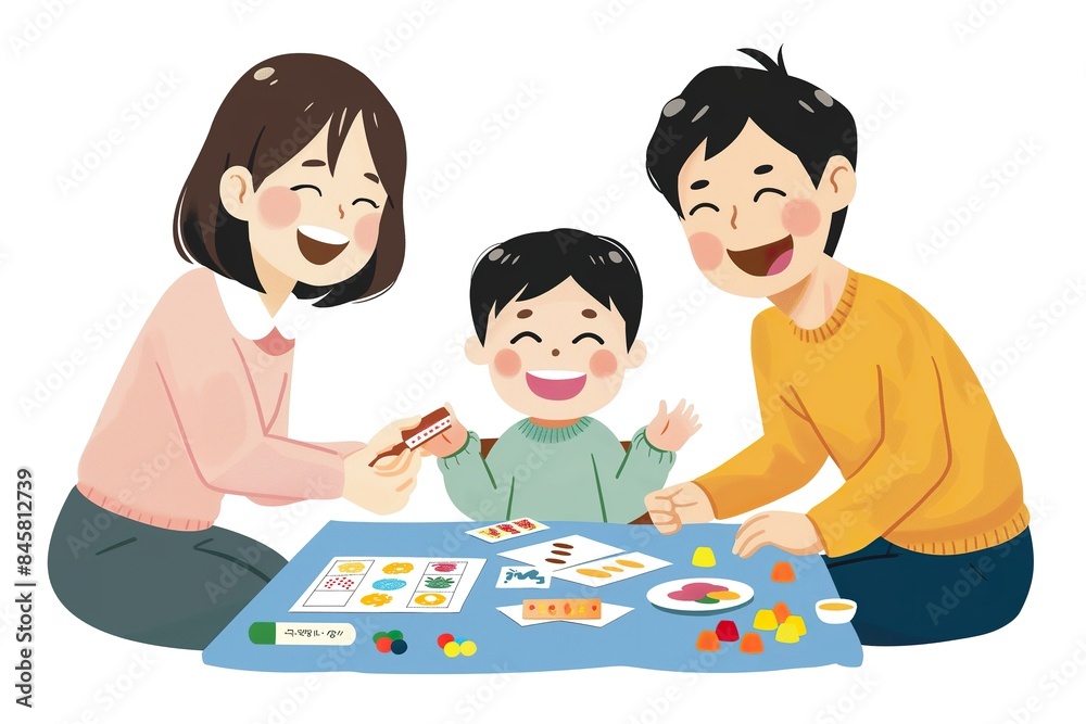 A Japanese family plays games and laughs together at a table. A Japanese family plays games and laughs together at a table.