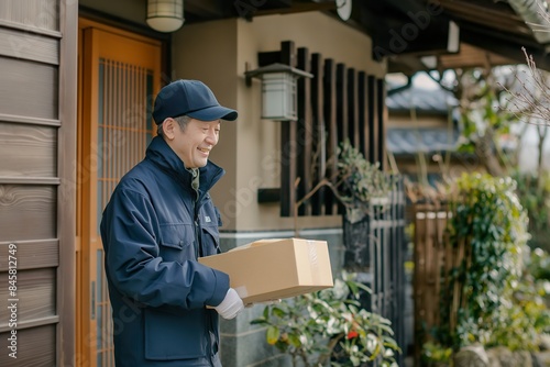 A man in Japan stands in front of his home, receiving a package delivery.