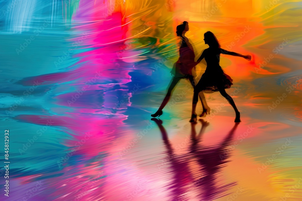 Two silhouettes dance against a vibrant, abstract background with colorful hues.