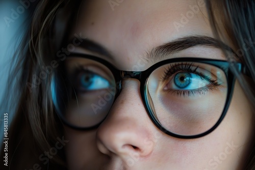 A close-up photo of a womans face with blue eyes and glasses.