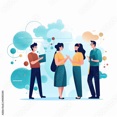 flat vector style illustration, a diverse group of people talking and collaborating, on white background 