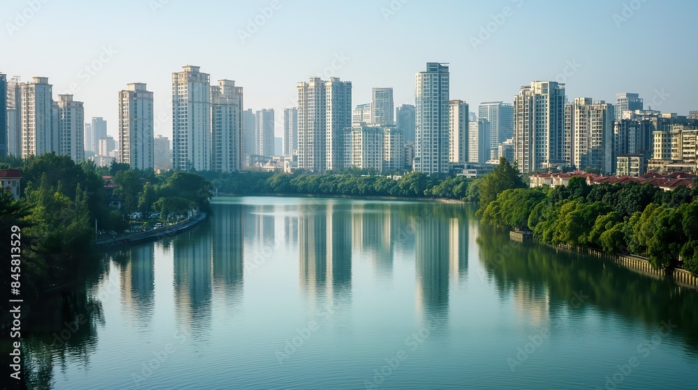 Fototapeta premium A cityscape of Shenzhen, China, featuring numerous skyscrapers reflected in a calm body of water, with lush greenery along the banks.