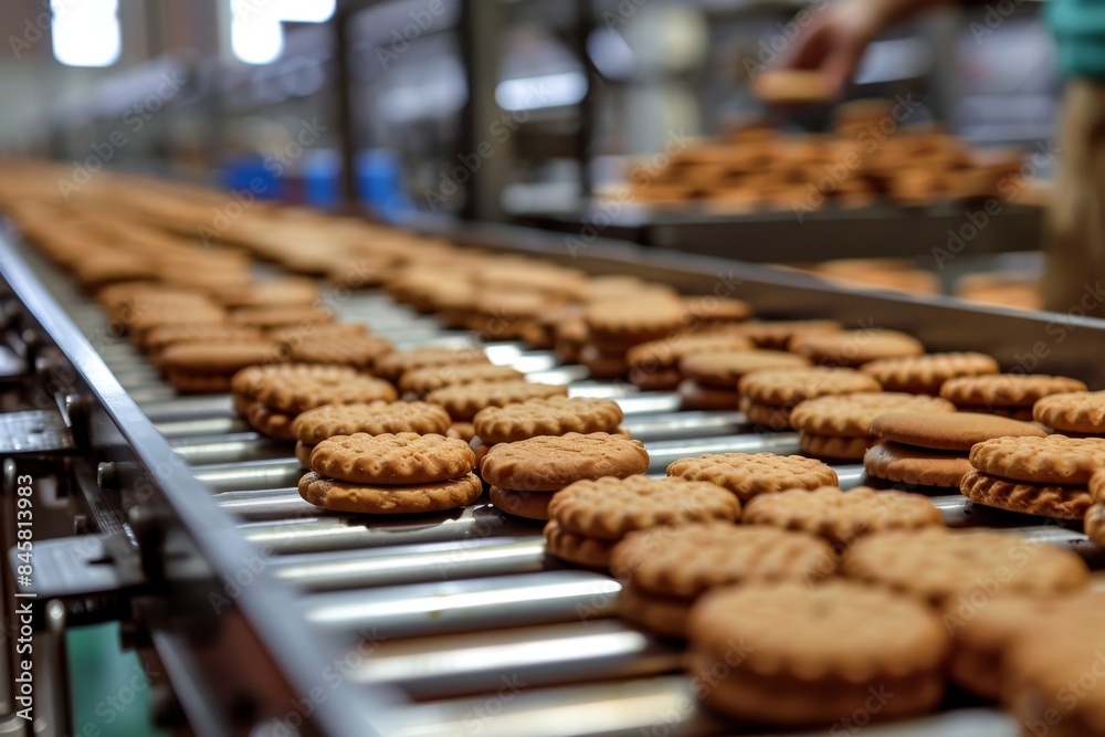 Fototapeta premium Cookies moving on assembly line in plant