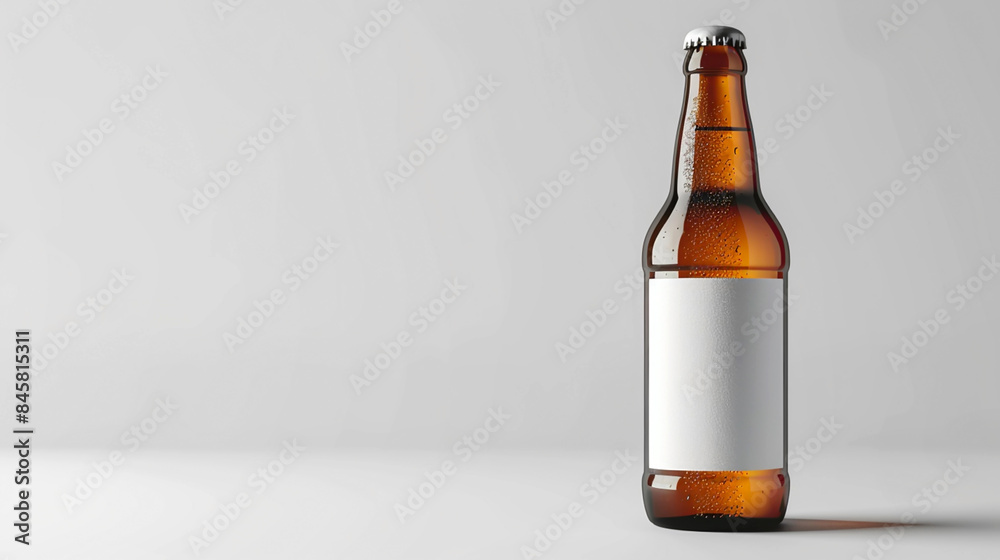 wide photo of isolated brown color transparent glass beer bottle mockup with full of beer on white color empty background