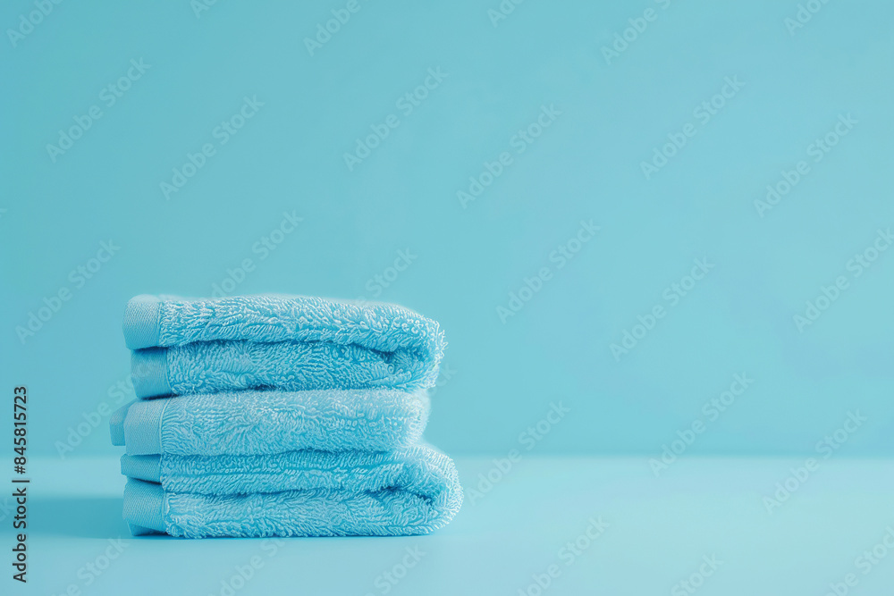 Light blue Stack of towels with copy space background Light blue Stack of towels with copy space background
