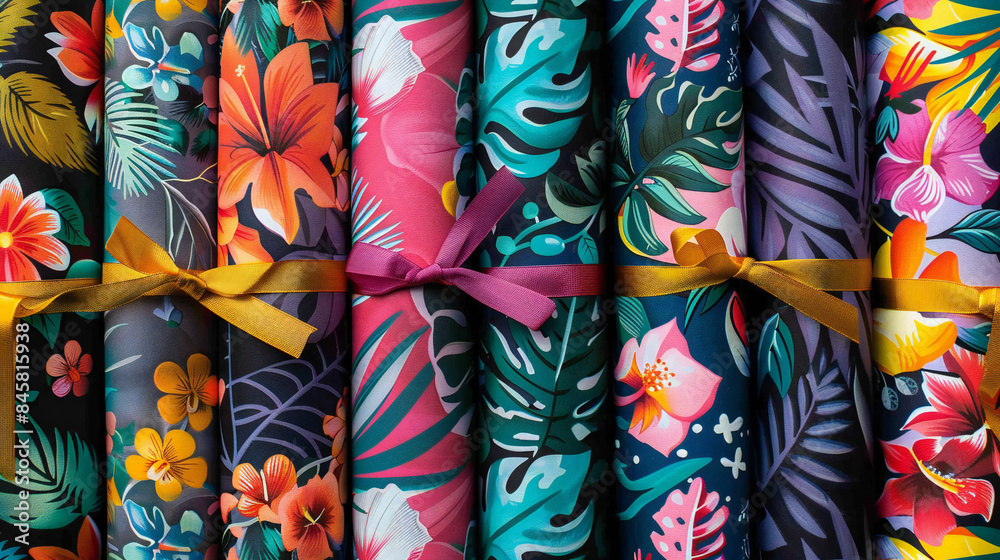Colourful row seamless of rolled multi colour colourful graphic pattern floral prints wrapping paper for gift presents tied with ribbon bow Colourful row seamless of rolled multi colour colourful graphic pattern floral prints wrapping paper for gift presents tied with ribbon bow