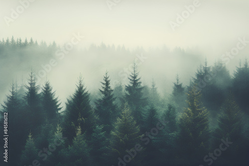 Foggy landscape with fir forest in retro vintage hipster style, nature concept