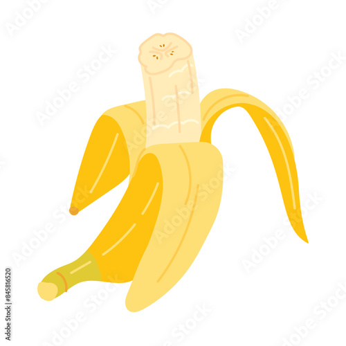 Fresh peeled and bitten banana. Hand drawn flat style banana peel heart isolated on transparent. Exotic tropical yellow fruit, banana snack, healthy vegetarian food. Vector clip art illustration.