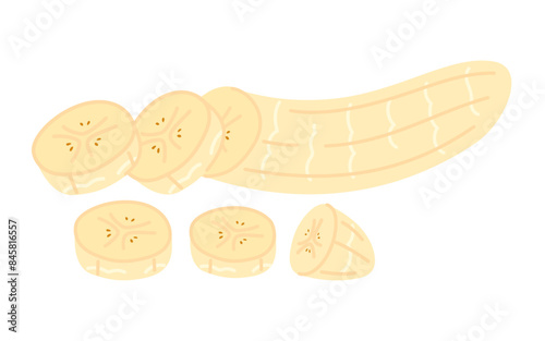 Fresh peeled and cut into pieces banana. Hand drawn flat style banana isolated on transparent. Exotic tropical yellow fruit, banana snack, healthy vegetarian food. Vector clip art illustration.
