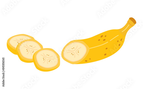 Fresh banana slice cut isolated on transparent background. Yellow tropical fruit, banana snack, healthy vegetarian and organic food. Cartoon Hand drawn trendy flat style. Vector illustration