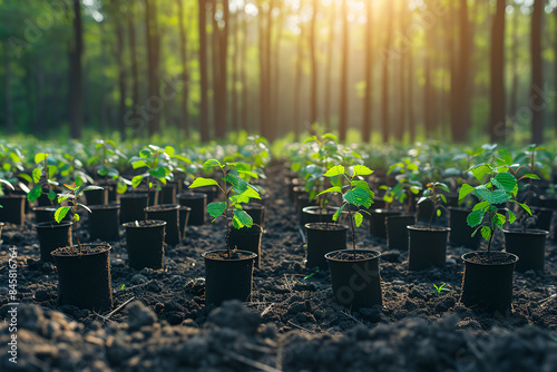 The concept of forest conservation. Row of young maple trees in plastic pots. The concept of forest conservation. Close-up.