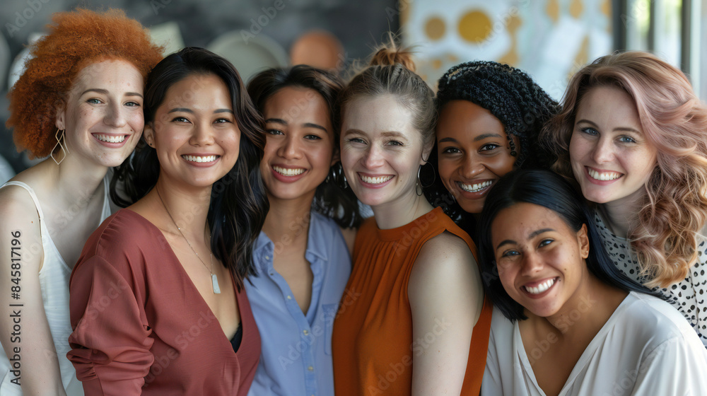 Women's Equality Day photoshoot, International Women's day photoshoot, group of diverse multiracial and multi ethnic female colleagues smiling Women's Equality Day photoshoot, International Women's day photoshoot, group of diverse multiracial and multi ethnic female colleagues smiling