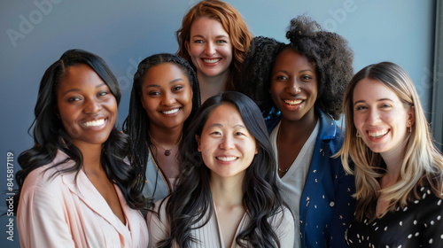 Women's Equality Day photoshoot, International Women's day photoshoot, group of diverse multiracial and multi ethnic female colleagues smiling