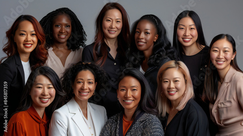 Women's Equality Day photoshoot, International Women's day photoshoot, group of diverse multiracial and multi ethnic female colleagues smiling