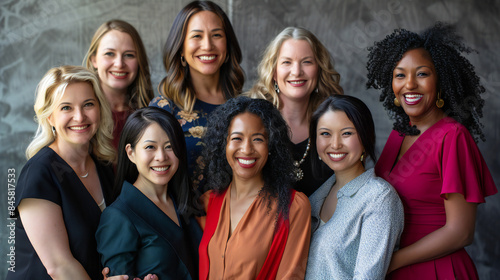 Women's Equality Day photoshoot, International Women's day photoshoot, group of diverse multiracial and multi ethnic female colleagues smiling