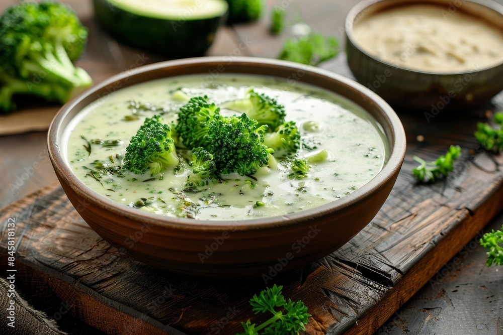 Creamy broccoli or zucchini soup served in a bowl on a brown cutting board with a dark plywood backdrop